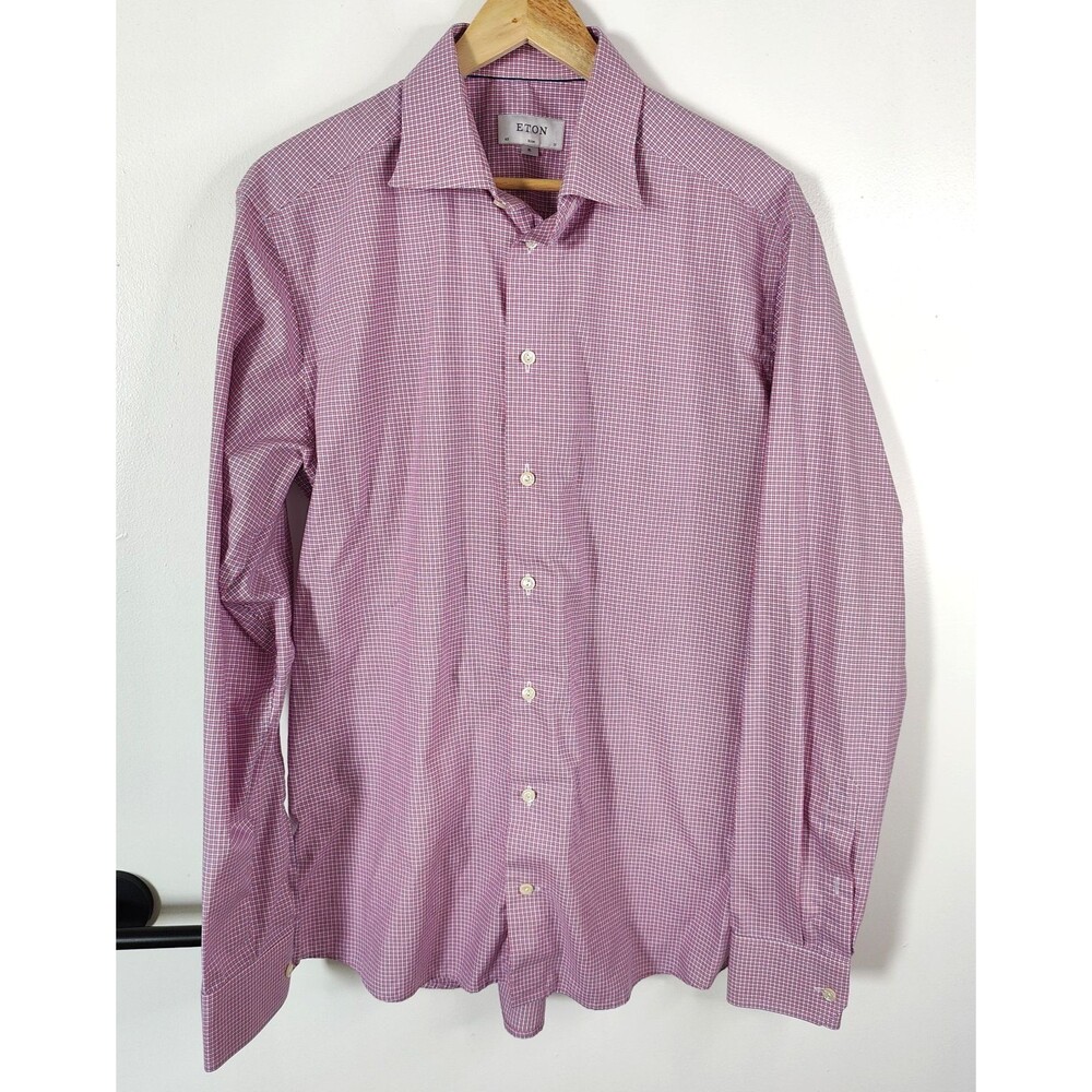 Eton Shirt Mens XL Slim Fit Pink Gingham Check Spread Collar Dress Shirt